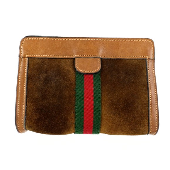 Vintage GUCCI Web Suede Leather Cosmetics Toiletry Travel Bag Italy - Picture 1 of 9